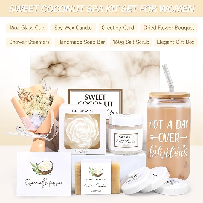 Spa Gift Baskets for Women, Sweet Coconut Birthday Gifts Baskets for Women, Spa Kit Gift Box, Bath and Body Relaxing Gifts Set for Mother Wife Sister Friends with Glass Cup Salt Scrub Shower Steamers