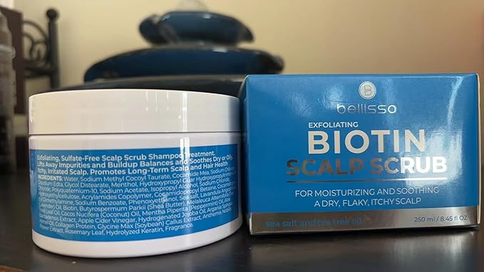 Biotin Scalp Scrub - Exfoliator Treatment for Dry Hair and Itchy, Flaky Scalps - Intense Moisturizer and Detox Cleanser for Build Up Relief - Anti Dandruff Mask with Tea Tree Oil for Women and Men