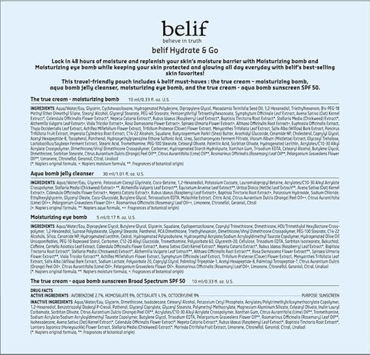 belif Hydrate & Go Kit – 4-Step Korean Skincare Set with Toner, Moisturizing Bomb Cream, Jelly Cleanser, Eye Bomb, SPF 45 Sunscreen, TSA-Friendly, Deep Hydration & Barrier Care for Glowy, Bouncy Skin