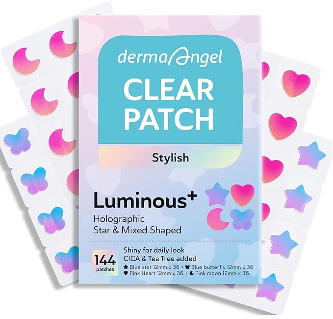 Star Pimple Patches for Face, Cute Acne Patches with Salicylic Acid, CICA & Tea Tree Oil, 144 Holographic Star Moon Heart Butterfly Patches, 7X Absorbency Pimple Patches for Teens (4 Designs, 36 Each)