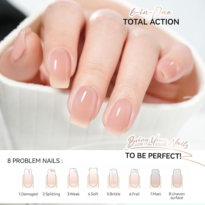 Gelike EC Nail Strengthener for Woman: Nude Blush 6 in 1 Natural Nail Hardener Extra Strong and Growth - Nail Polish Hardener for Weak and Damaged Nails
