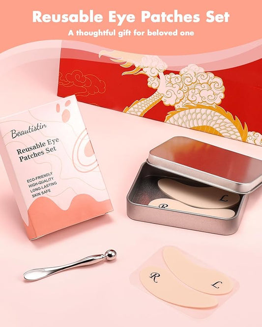 2 Pairs Reusable Under Eye Wrinkle Patches Silicone Mask, Plump Fine Lines & Wrinkles, with Metal Eye Cream Applicator, Tin Case, Cream Color