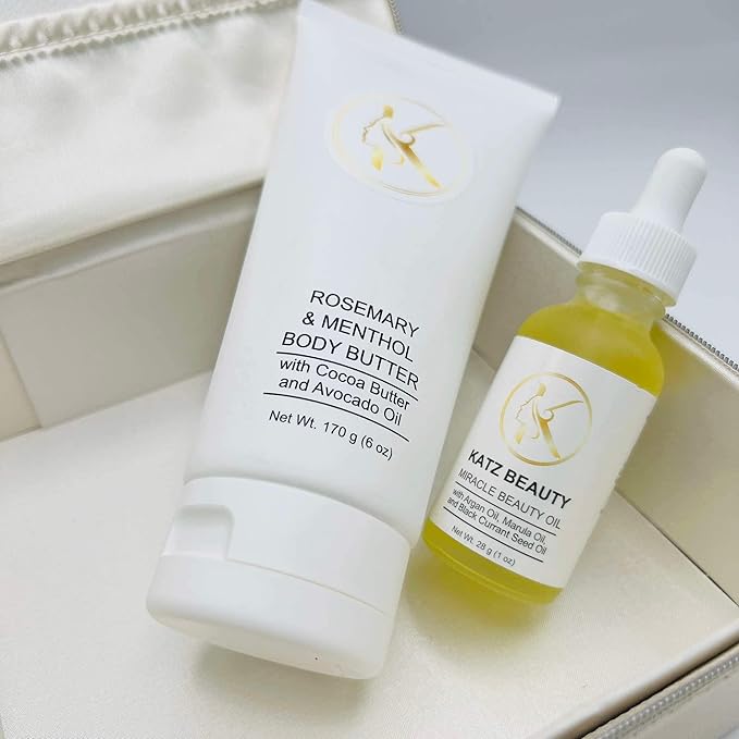 Katz Beauty Rosemary & Menthol Body Butter with Shea Butter and Avocado Oil 6 oz with Miracle Beauty Oil 1 oz and Cosmetic Bag