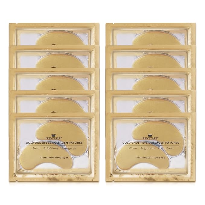 24k Gold Under Eye Collagen Patches, Reduce Puffy Eyes & Dark Circles, Illuminate Tired Eye Masks - Firms, Brightens, Energises (Packets - 10 Pair)