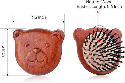 PERFEHAIR Wooden Scalp Massager Brush - Pack of 2, Cute Mini Bear Face-Shaped Paddle Hairbrush Comb for Men & Women's Massage, Hair Growth & Detangling