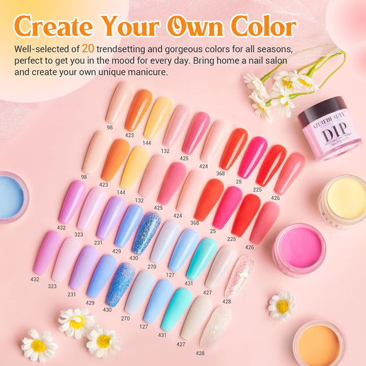 AZUREBEAUTY 31Pcs Dip Powder Nail Kit Starter 20 Colors Pastel Spring Summer Pink Acrylic Dipping Powder Set with Top/Base Coat Activator & Recycling Tray for Macaron French Manicure Salon