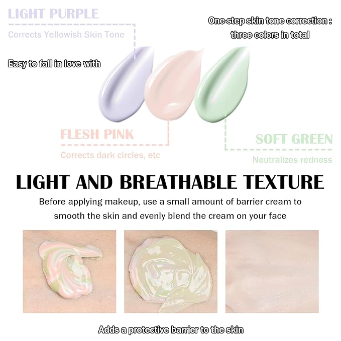 2 Pack One Step Color Corrector,Color Correcting Foundation Facial Serum,Moisturizing Concealer Tri-Color Correcting Isolation Cream Face Makeup Primer Base