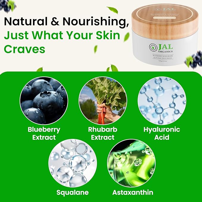 Blueberry & Rhubarb Hydrating Korean Clay Face Mask Skin Care with Hyaluronic Acid, Glycolic Acid, Exfoliate Gentle Moisturizing Pore Mask for Spa, Beauty, Anti Aging, Acne - For All Skin Types