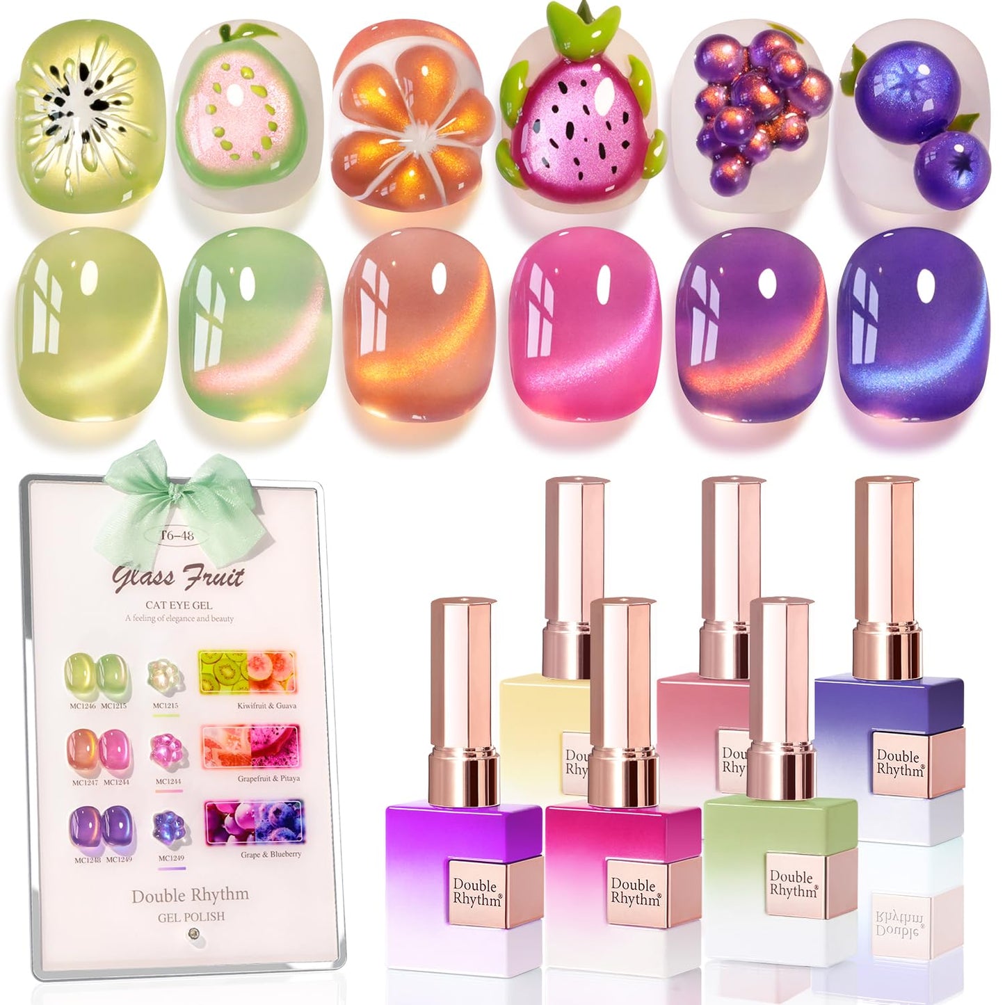 Double Rhythm Fruit Cat Eye Gel Nail Polish Set of 6 Same Color Same Bottle 0.5 Oz Shimmer Glitter with Magnet Holographic Reflective Magnetic UV Polish Kit at Home (Glass Rose Pink Green-T6-48)