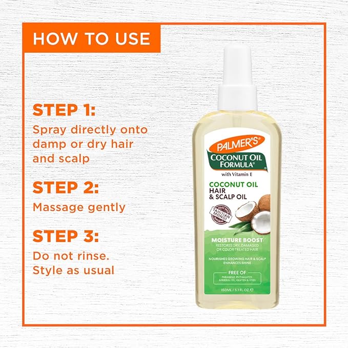 Palmer's Coconut Oil Moisture Boost, Restorative Hair and Scalp Oil Spray, Lasting Hydration and Shine for Dry or Damaged Hair, Promotes Scalp Health, 5.1 Oz