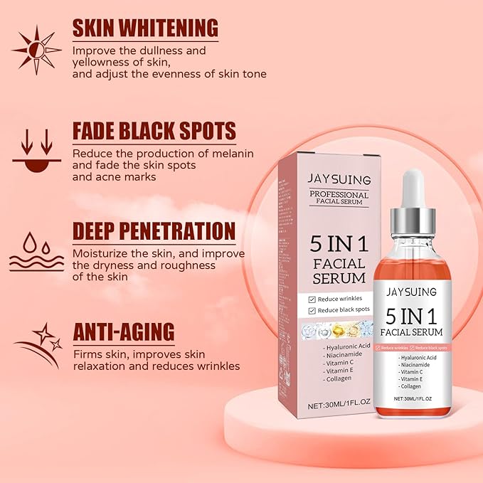 "5-in-1 Vitamin C Face Serum with Hyaluronic Acid, Collagen, Niacinamide - Anti-Aging & Moisturizing Formula for Firm, Even Skin Tone - 30ml"