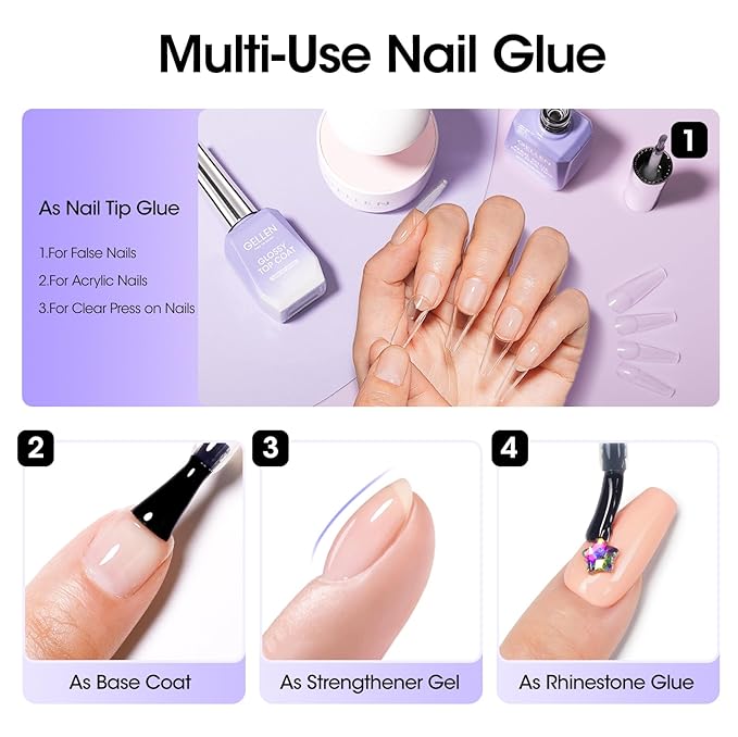 Gellen 4 in 1 Nail Glue for Nail Tips, 18ML Nail Gel Glue for Soft Gel Nails Tips and Clear Press on Nails, Long Lasting Easy Nail Extension Gel, UV Led Lamp Needed
