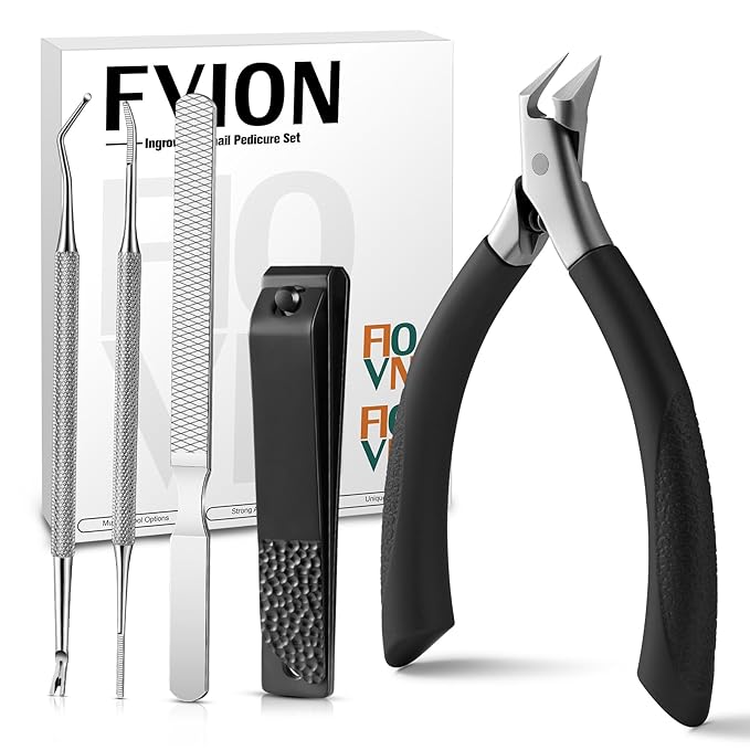 FVION Ingrown Toenail Tools Kit 5 Pcs, Toenail Clippers for Thick & Ingrown Nails, Ingrown Toenail Removal Correction Nail Clippers, Nail File Lifter, Professional Manicure Pedicure Tools
