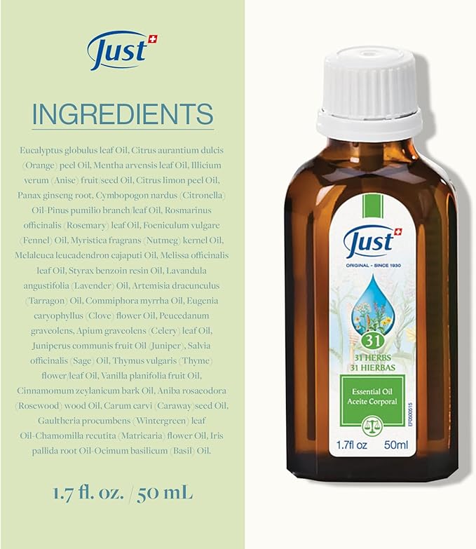 Essential Oil for The Whole Family. Swiss Just 31 Herbal Oil, Massage Oil for Muscle Soreness & Joint Pain. Contains Natural Eucalyptus Oil, 50ml.