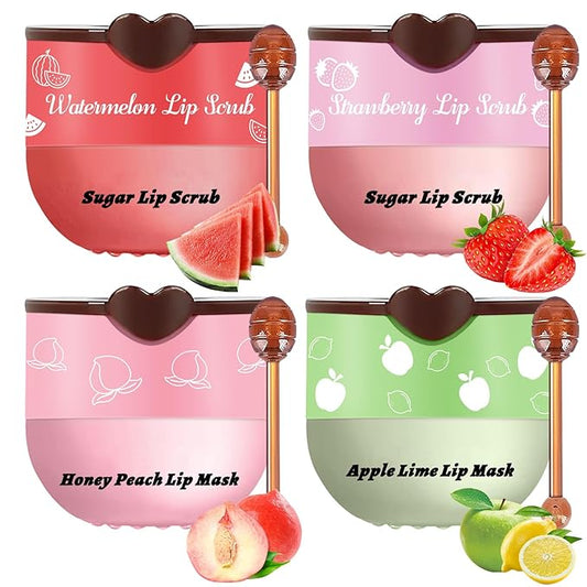 4 PCS Bee Lip Balm Honey Pot, Hydrating Lip Mask & Lip Scrub Set, Watermelon Strawberry Apple Lime Peach Moisturizing Lip Sleeping Mask Prevention Dry and Cracked, Reduce Lip Lines