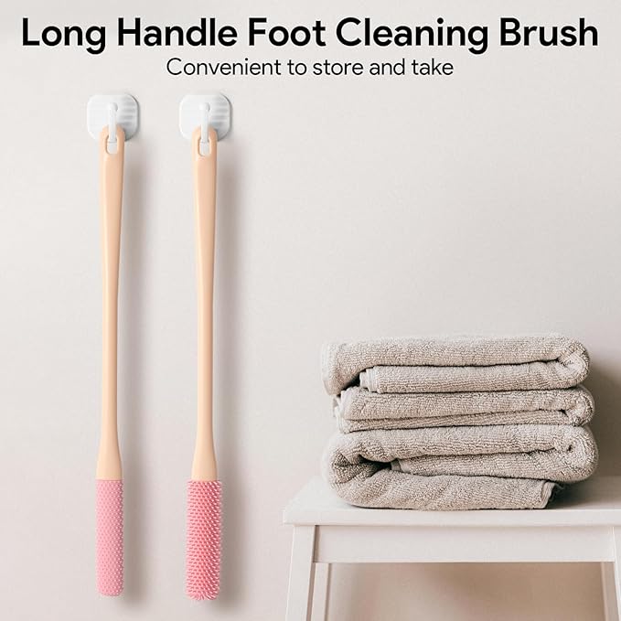 Shower Foot Scrubber Brush, 15.7" Toe Cleaning Brush with 4 Reusable Drying Covers, Long Handle Silicone Bristles Lotion Applicator, No Bending Down Skin Exfoliation Foot Scrub Brushes for Elderly