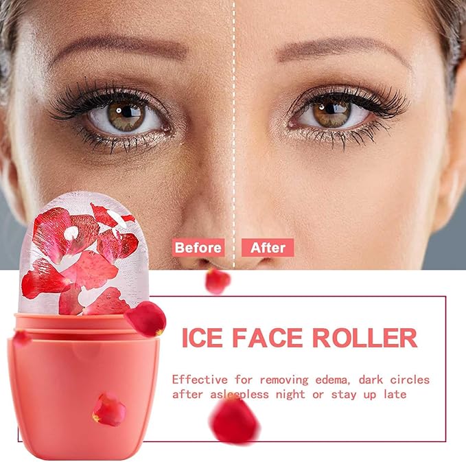 KOGITI Face Ice Roller & Mold - Beauty Facial Massage Tool for Puffiness Relief, Ice Cube Holder (Pink)