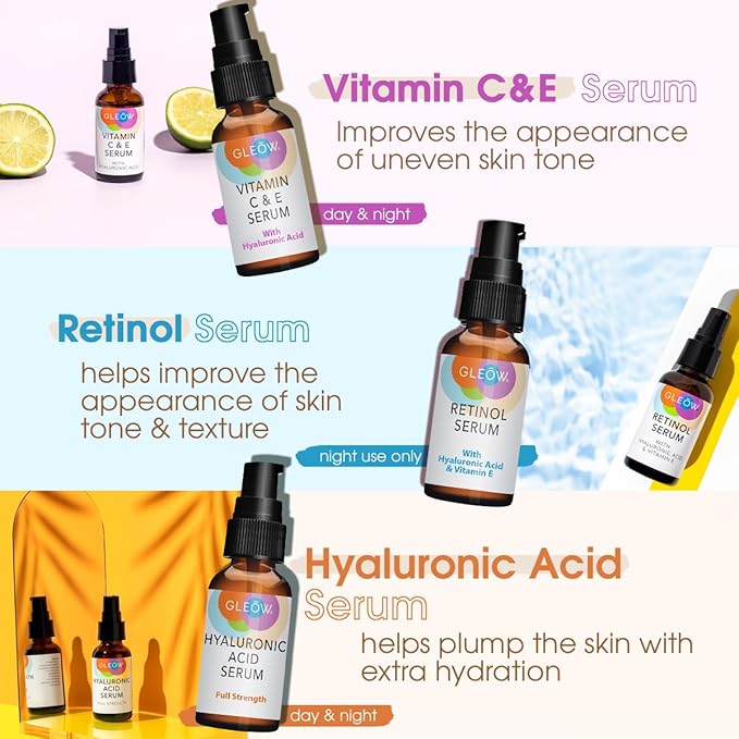 Retinol Serum for Face, Vitamin C with Hyaluronic Acid Face Serum for Women and Men, Glow Skin Care Set Total Package Targets Appearance of Uneven Skin Tone and Dryness 3x2 oz