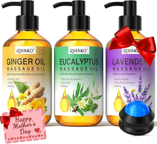 Mother's Day Gifts for Women – 3-Pack Massage Oil for Massage Therapy | Lymphatic Drainage Ginger, Relaxing Lavender, and Sore Muscle Eucalyptus Oils | Date Night & Spa Gift for Him & Her