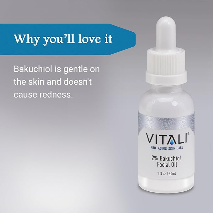 Vitali Premium 2% Bakuchiol Facial Oil: Premium Natural Retinol Alternative for Age and Wrinkle Reduction, and Soothing Irritated Skin, Boosts Copper Peptide Absorption- 1 fl. oz.