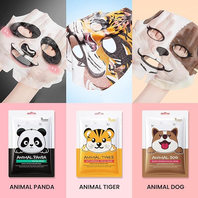 Kaely 7 Pack Animal Character Sheet Masks, Face Masks for Kids Teens Skin Care, Korean Soothe Facial Mask for All Skin Types, Girls Night Skincare Spa Party, Birthday Gifts for Women Men, Set01