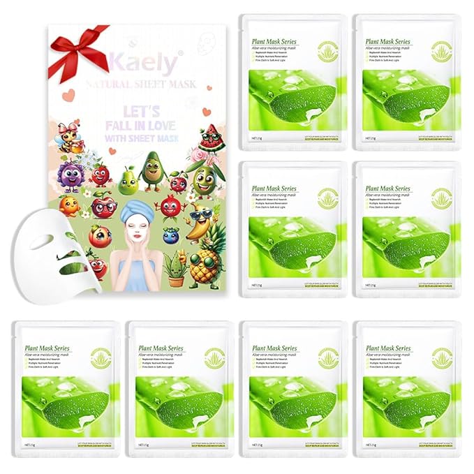 8 Pack Aloe Vera Face Sheet Mask Skincare,Hydrating Face Mask For Sensitive Skin,Moisturize,Soothing,Nourish for All Skin Types,Natural Spa Party Facial Mask Skincare Set for Women Men Girls