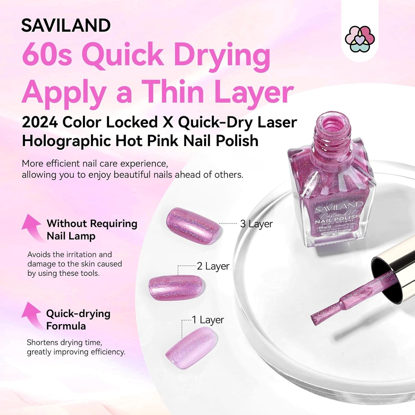 SAVILAND Holographic Nail Polish Pink: Metallic Chrome Nail Polish Air Dry Fast,10 ml/0.34 oz High Glossy Shimmer Glitter Nail Pigment Oil-based Fingernail Polish for Salon DIY Home for Women