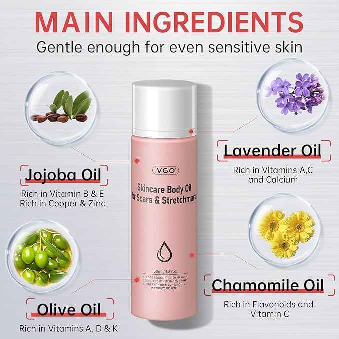 VGO Body Oil with Vitamin E, After Shower Body Oil For Smooth and Hydrated Skin, Non-Greasy & Fast Absorbing Lightweight Moisturizer for Scars & Stretch Marks, Hydrating for Dry Sensitive Skin