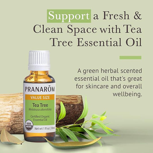 Pranarom USDA Certified Organic Tea Tree Essential Oil (30ml), 100% Pure Undiluted Therapeutic Grade from Zimbabwe for Aromatherapy, Diffuser, Healthy Skin & Hair, Massage, Relaxation