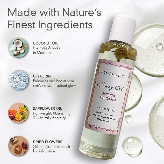 Olivia Care Jasmine Gardenia Body Oil Vegan & Natural Oil For Women | Hydrating & Moisturizing After Bath Oil - with VITAMIN E, K & Omega Fatty Acids Reduce Dry Skin - 4 OZ