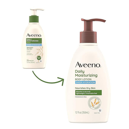 Aveeno Sheer Hydration Daily Moisturizing Fragrance-Free Lotion with Nourishing Prebiotic Oat, Fast-Absorbing Body Moisturizer for Dry Skin with Lightweight, Breathable Feel, 12 fl. oz (Pack of 2)