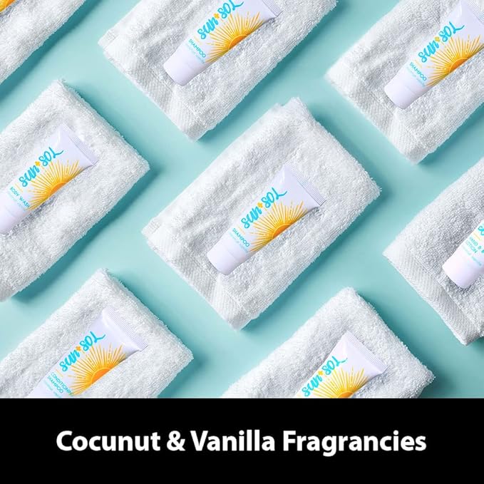 Sun + Sol Bulk Luxurious Hand & Body Lotion With Warm Coconut & Vanilla Fragrances, Travel Size Toiletries, Mini Hotel Amenities, 0.7 oz, 300 Count