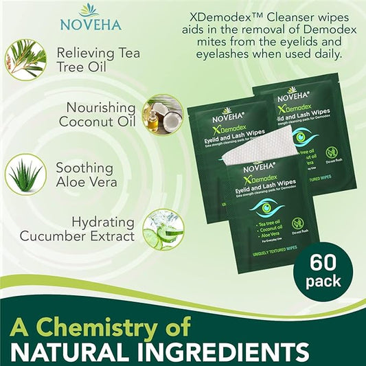 NOVEHA Demodex Eyelid & Lash Wipes | Box of 60 Individually Wrapped Extra Strength Cleansing Eyelash Wipes - Battles Irritated Eyes - Naturally Remove Debris (Pack of 2)