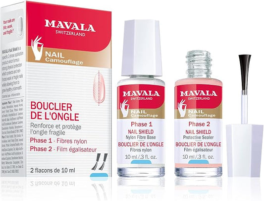 Mavala Nail Shield, 2 Count, Phase 1 & 2, Clear Nail Polish Top Coat, Nail Strengthener, Nail Growth & Nail Hardener Treatment, Nail Care and Repair for Brittle or Split Nails