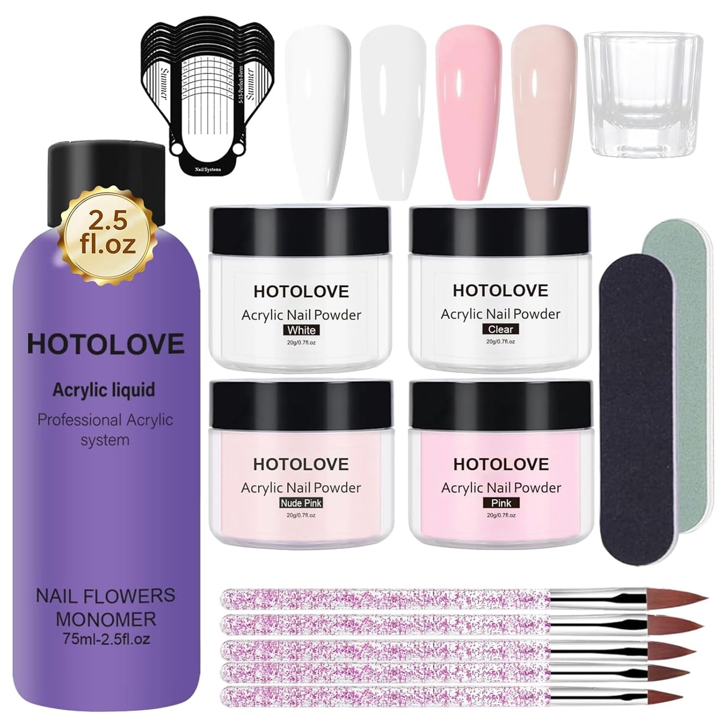 Acrylic Nail Kit, 75ml Acrylic Liquid Monomer with 4 Colors Powder and 5PCS Nail Brush for Nail Extension Carving Manicure French Fake Tips Art for Home DIY Salon
