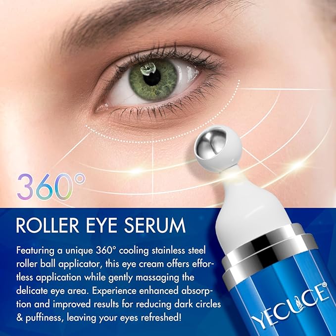 Eye Serum for Dark Circles and Puffiness, Under Eye Serum with 5% Caffeine Anti Aging Smooths fine lines and wrinkle appearance, Eye Cream with 360° Eye Roller Massage Ball