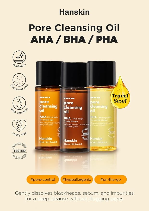 Hanskin PHA/BHA/AHA Trial Size Pore Cleansing Oil, Gentle Blackhead Cleanser and Makeup Remover for Combination and Oily Skin Travel Size Mini Makeup Remover Set [1 oz/Pack of 3]
