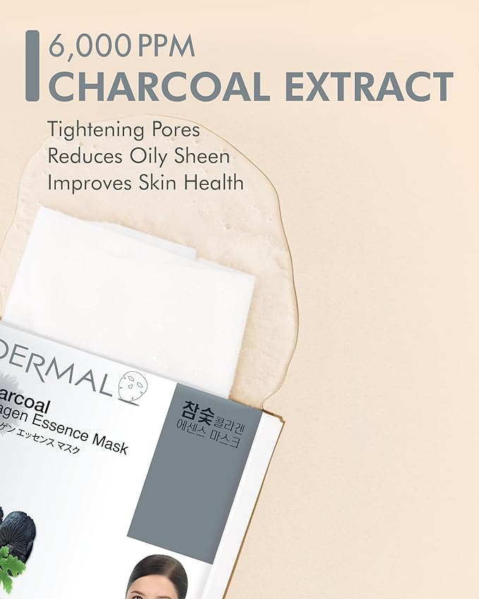 DERMAL Charcoal Collagen Essence Korean Facial Mask Sheet Pack of 10 - Pore Purifying, Boosting Moisture, Rejuvenating Clarity - Hypoallergenic Skin Friendly Sheet