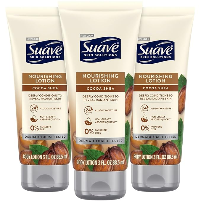 Suave Lotion, Cocoa Butter Shea – Nourishing Hand & Body Lotion, Travel-Size Lotion for Extremely Dry Skin, Moisturizing Cream for Glowing Skin, 24H Moisture, 3 Oz (Pack of 3)