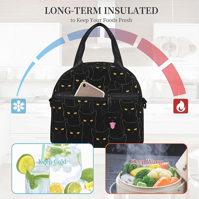 bassyil Black Cat Lunch Box Reusable Insulated Totes Lunch Bag Thermal Cooler Adjustable Shoulder Strap Bag For Men Women