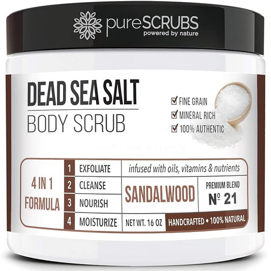 pureSCRUBS Premium Sandalwood Body Scrub Set - Large 16oz Dead Sea Salt Body Scrub With Infused Essential Oils & Nutrients, Includes Wooden Spoon, Loofah & Oatmeal Exfoliating Bar Soap
