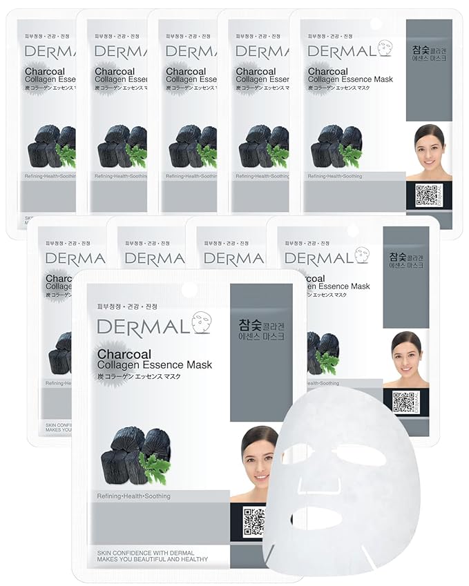 DERMAL Charcoal Collagen Essence Korean Facial Mask Sheet Pack of 10 - Pore Purifying, Boosting Moisture, Rejuvenating Clarity - Hypoallergenic Skin Friendly Sheet
