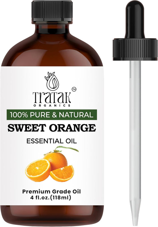 100% Pure Sweet Orange Essential Oil 4 FL OZ – Essential Oil for Citrus Scent, Aromatherapy, Diffuser, Skin, Home Freshener, Therapeutic Grade, Premium Quality with Glass Dropper