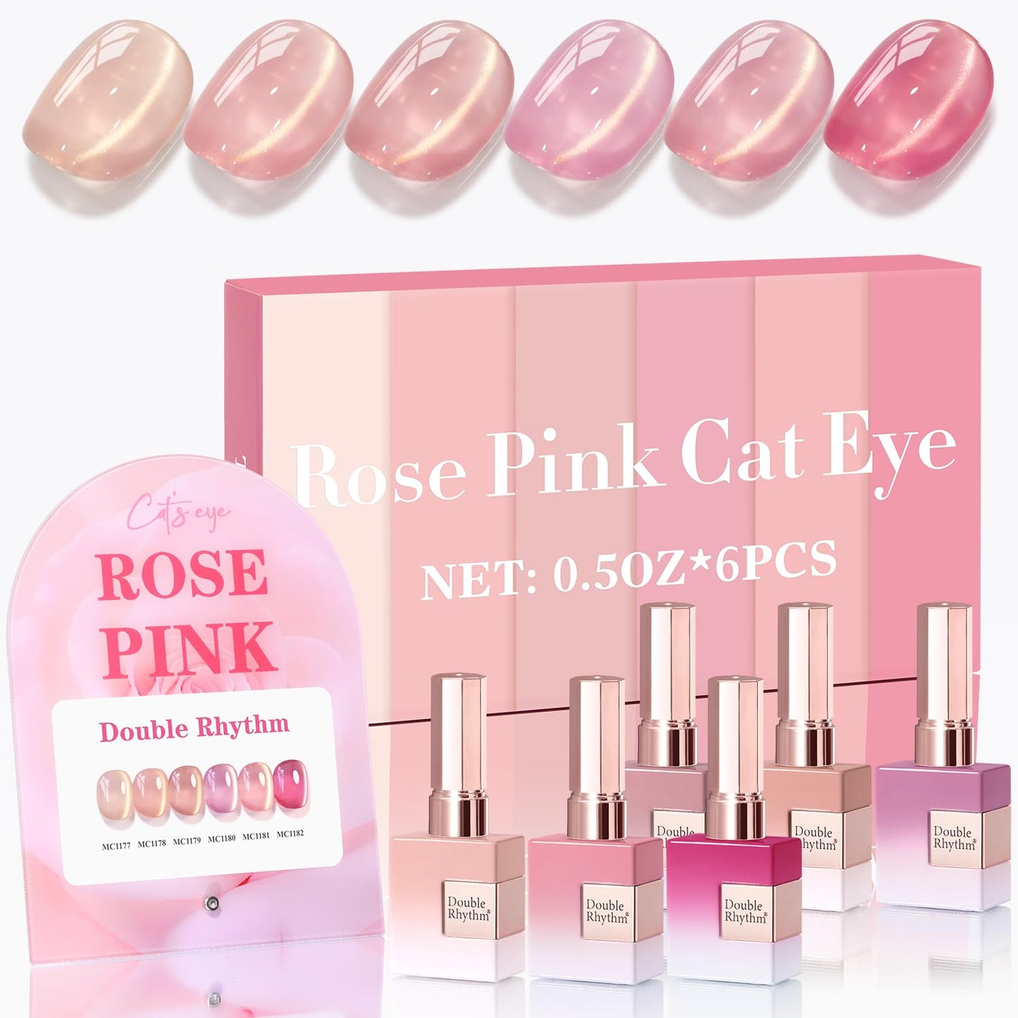 Double Rhythm Cat Eye Gel Nail Polish Set of 6 Same Color Same Bottle 0.5 Oz Shimmer Glitter with Magnet Holographic Reflective Magnetic UV Nail Polish Kit at Home (Glass Nude Pink Rose-T6-32)