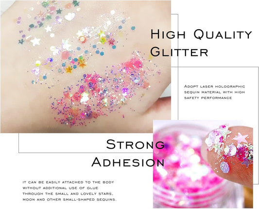Ownest 12 Colors Holographic Chunky Glitter Gel Set, Christmas Party Makeup Face Body Eye Lips Hair Nail Cosmetic Festival Chunky Glitter Eyeshadow, Mixable, No Need Glue