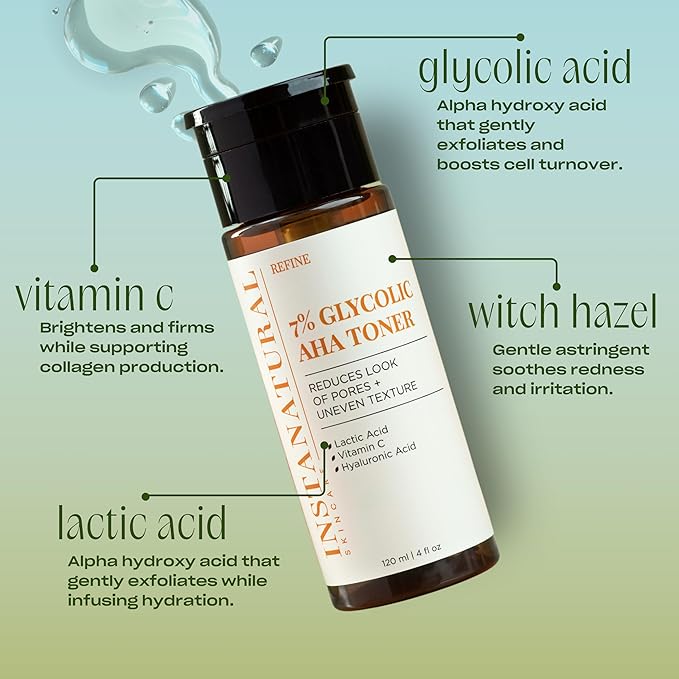 InstaNatural Face Toner, Brightens, Reduces The Look of Pores and Uneven Texture, Gently Exfoliates (4 fl oz (4 fl oz, 7% Glycolic AHA Face Toner)