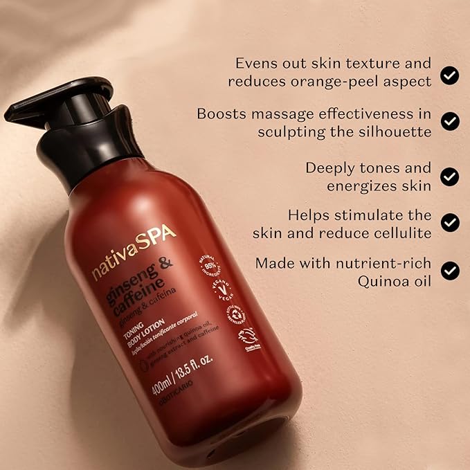 Nativa SPA by O Boticário Ginseng & Caffeine Toning Body Lotion, Fragranced Moisturizer Enriched with Purified Quinoa Drops to Boost Hydration, 13.5 Ounce (400ml)