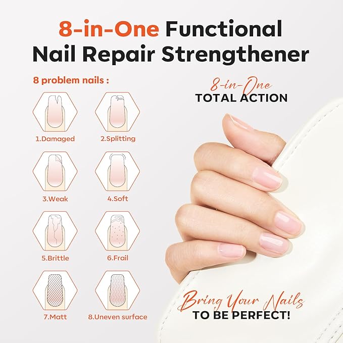 modelones 15ml 8-in-One Nail Ridge Filler Strengthener Base Coat Nail Polish Repair Nail Growth Treatment for Thin and Damaged Nails, Crystal Clear