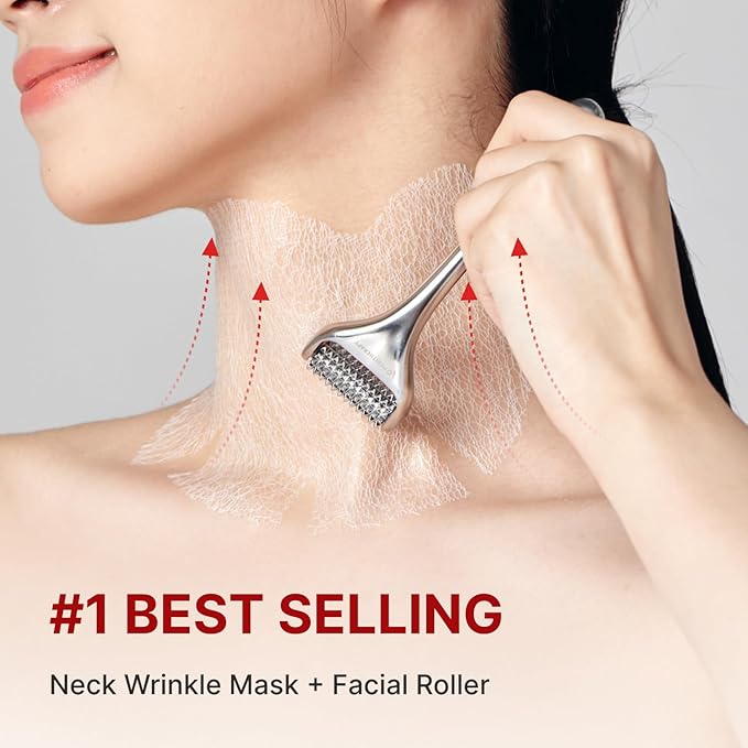 Wrinkle-fit Neck Mask 7EA + Boosting Roller - Neck Wrinkle Patches, Firming and Tightening Korean Deep Collagen Mask - NeckTargeted Mesh Sheet Mask and Face Roller for Lifting Sagging Skin