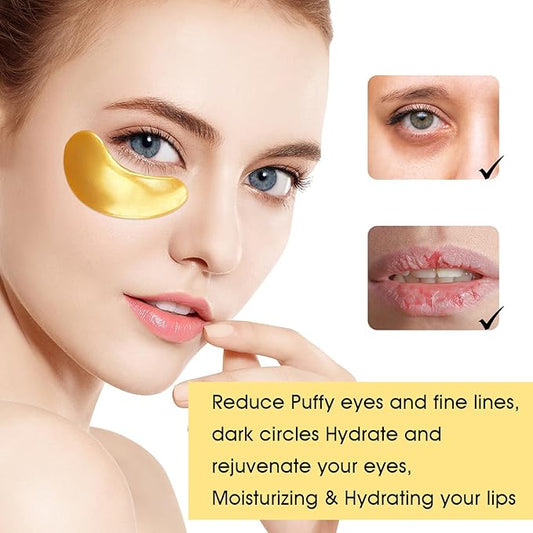 Adofect 40 Pairs Under Eye Patches and Lip Mask 24K Gold Eye Mask for Puffy Eyes Collagen Lip Masks and Crystal Eye Mask Reducing Fine Lines for Women and Men (Gold)